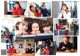 A collage of photos of a group of young women eating food.